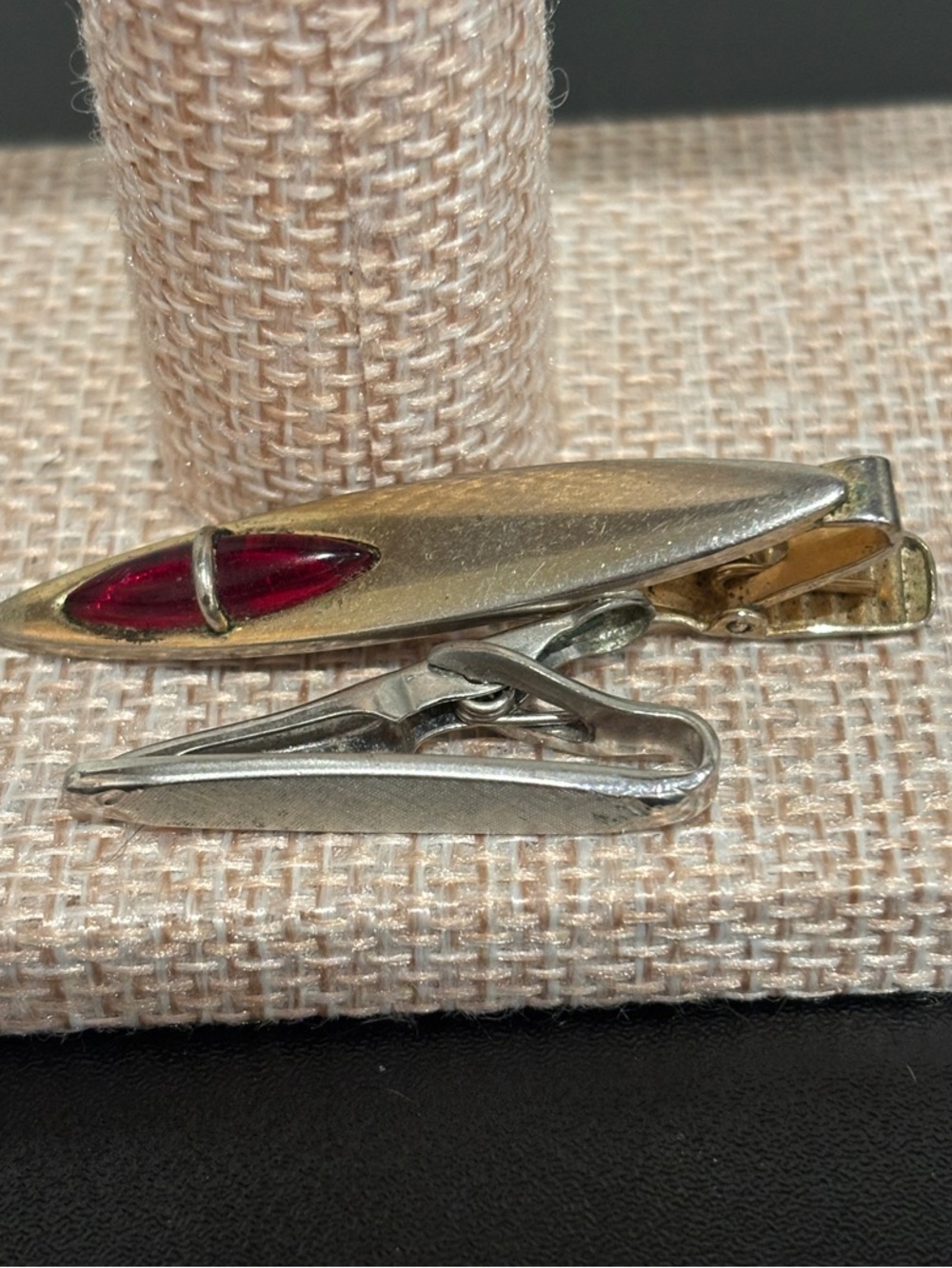 Vintage Mid Century Men's Tie Clip Lot (2) - Anson Gold Tone Red Glass & Swank